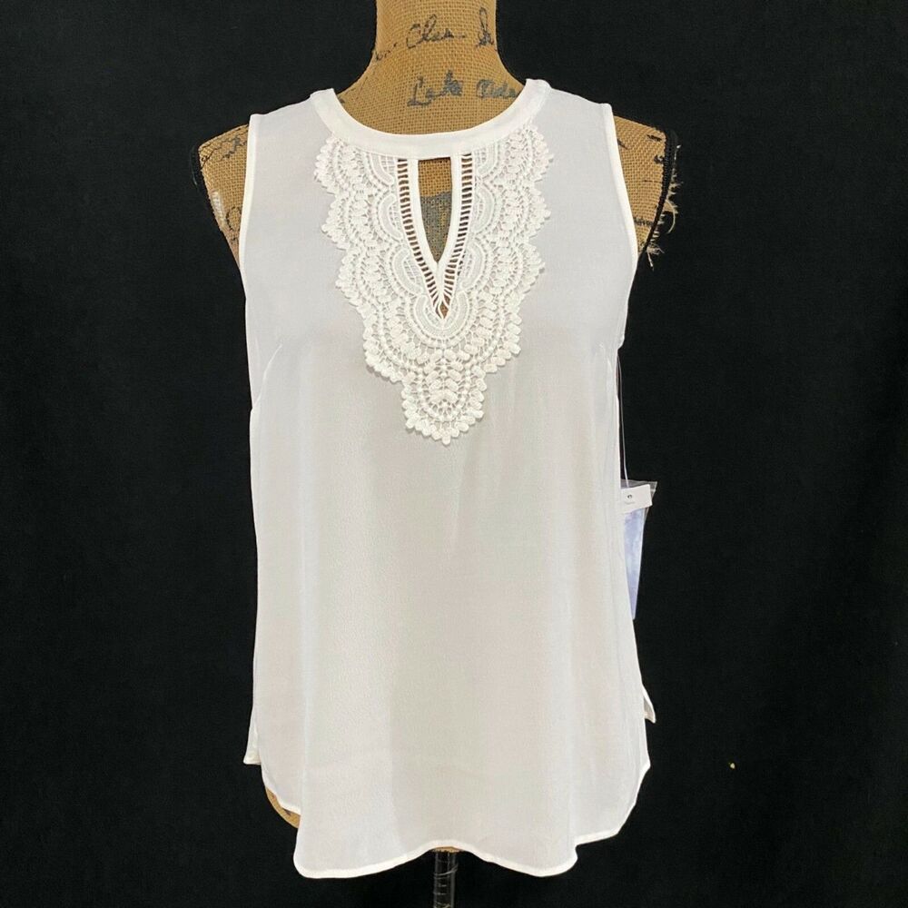 Pale Sky Top SMALL PETITE Solid Ivory Lace Accents Sleeveless Romantic Tunic